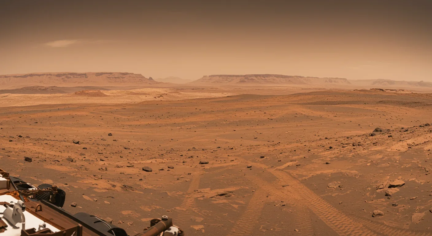 Mars surface photographed by NASA rover showing rocky terrain and thin atmosphere