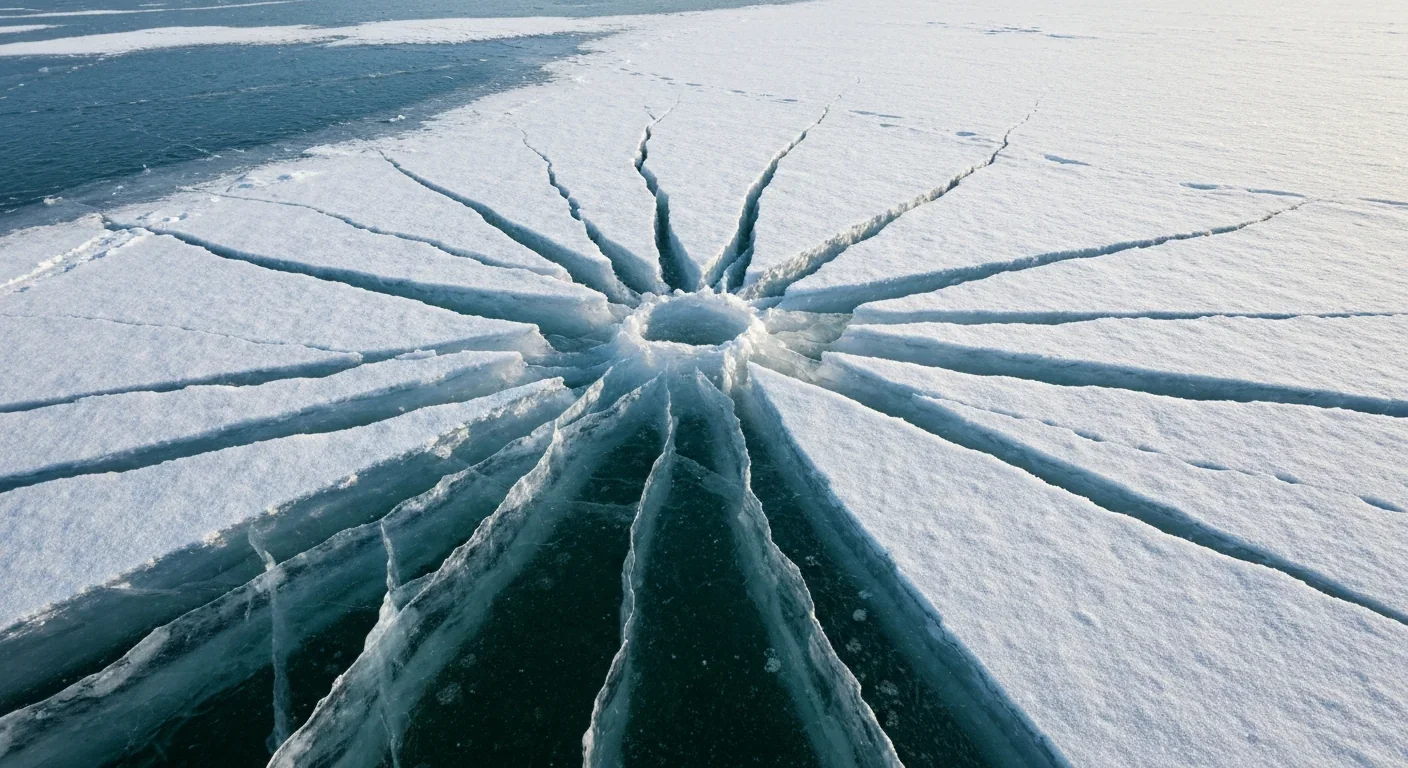 Aerial view of deep fractures radiating across a frozen white ice surface resembling impact shock patterns