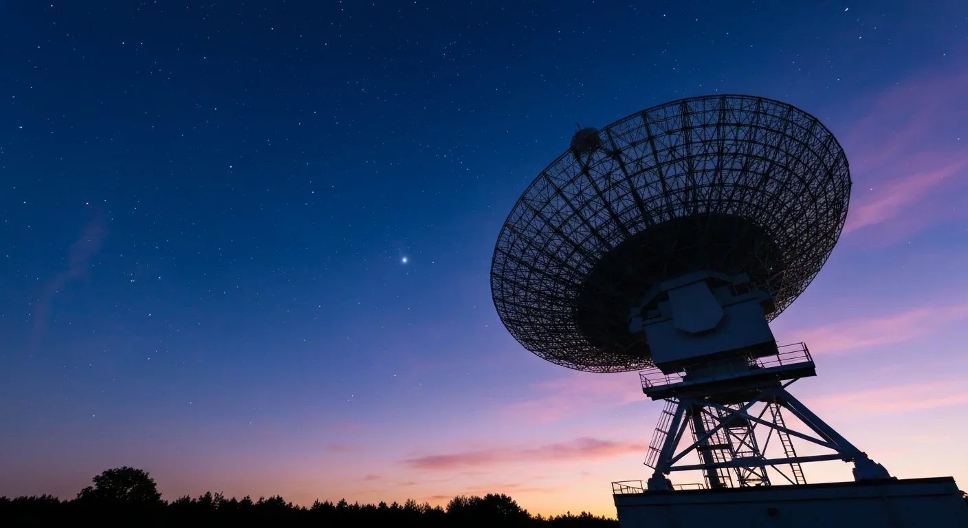 Radio telescope dish silhouetted against twilight sky with emerging stars representing decades of space observation