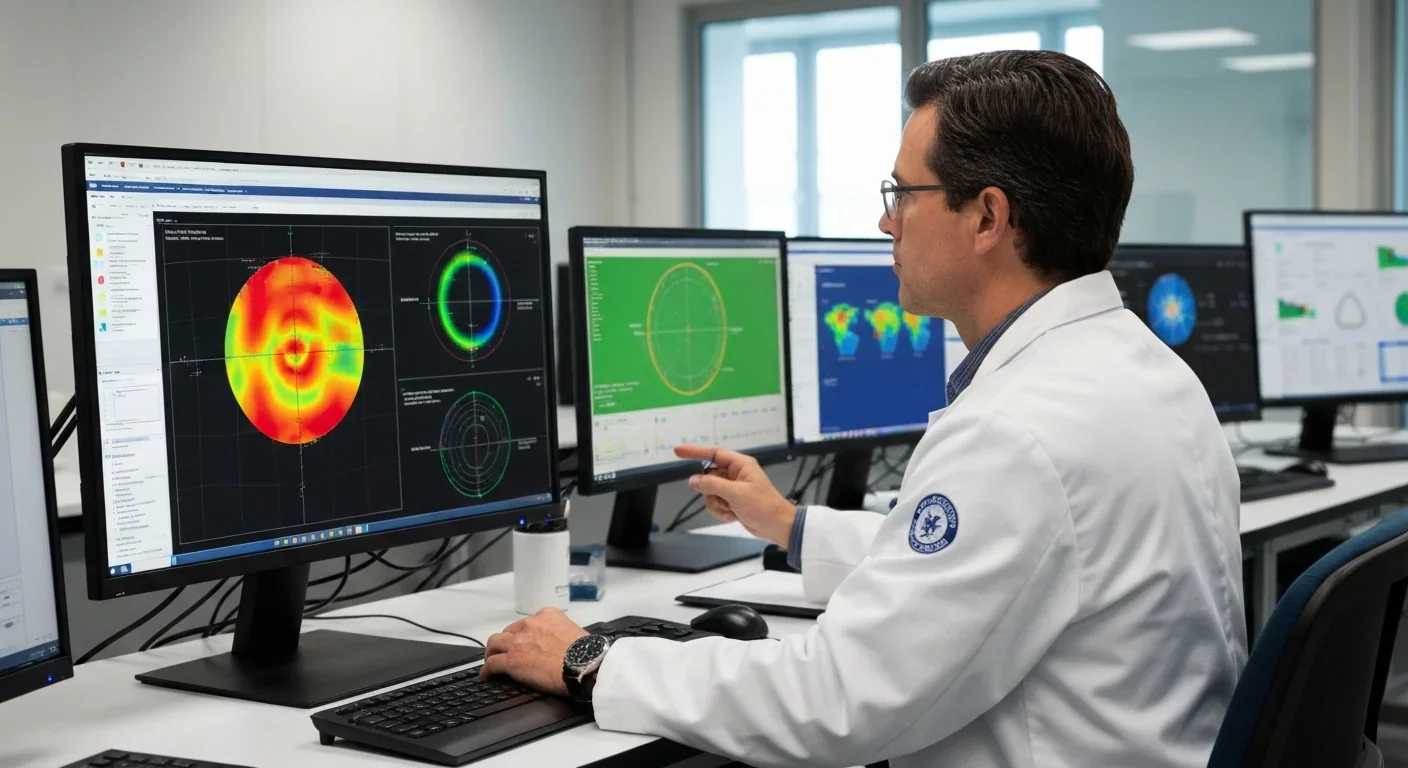 Scientist analyzing colorful thermal and orbital data on a large monitor in a modern research laboratory
