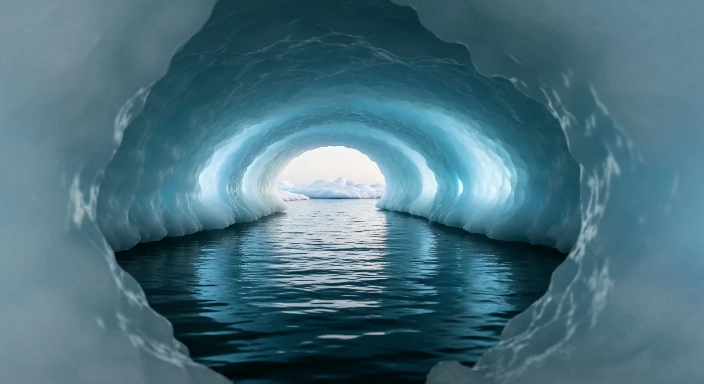 Dark ocean water visible through circular opening in thick ice with ethereal blue light filtering through