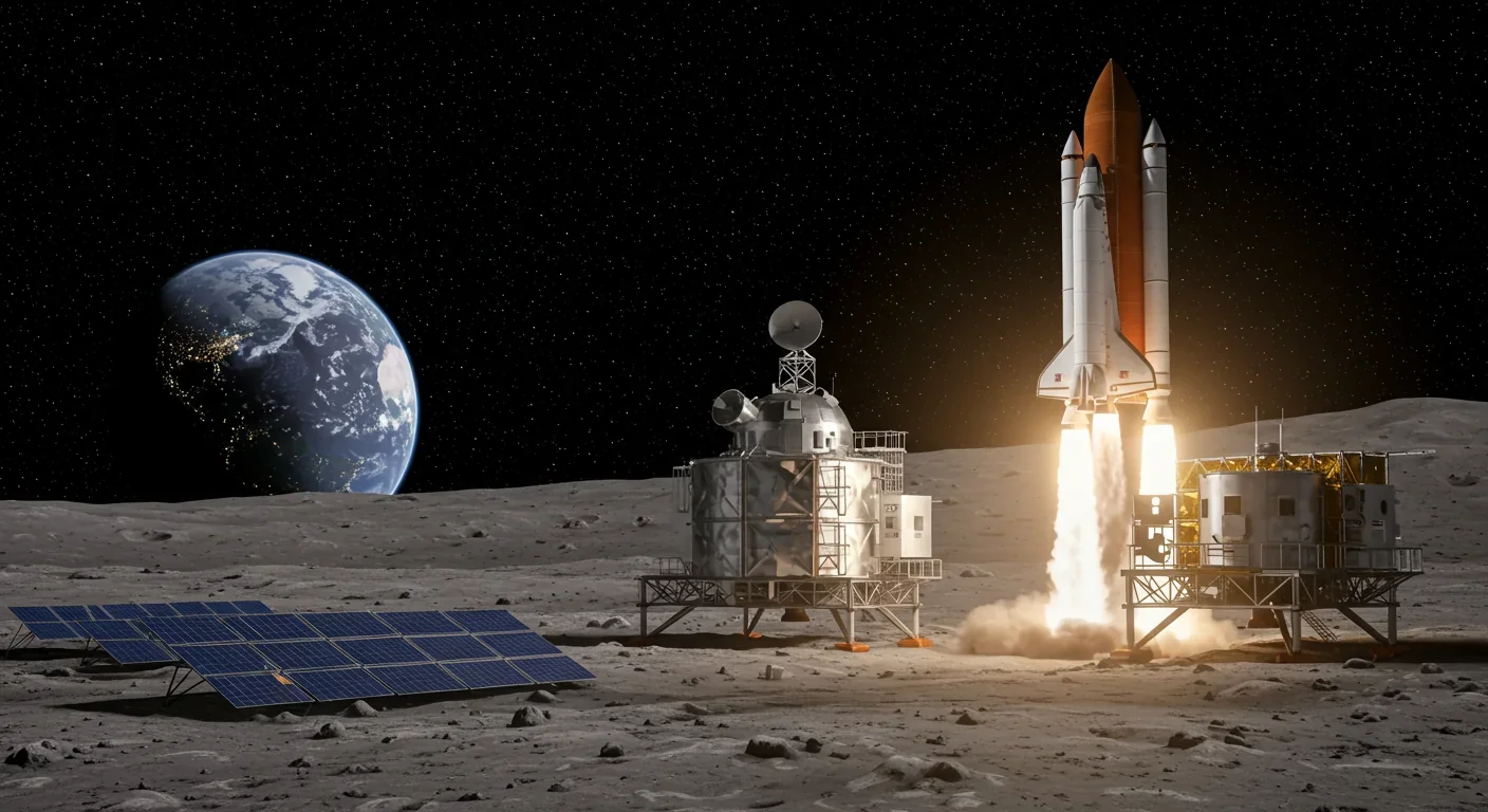 Lunar outpost with rocket launching using locally-produced propellant from moon ice