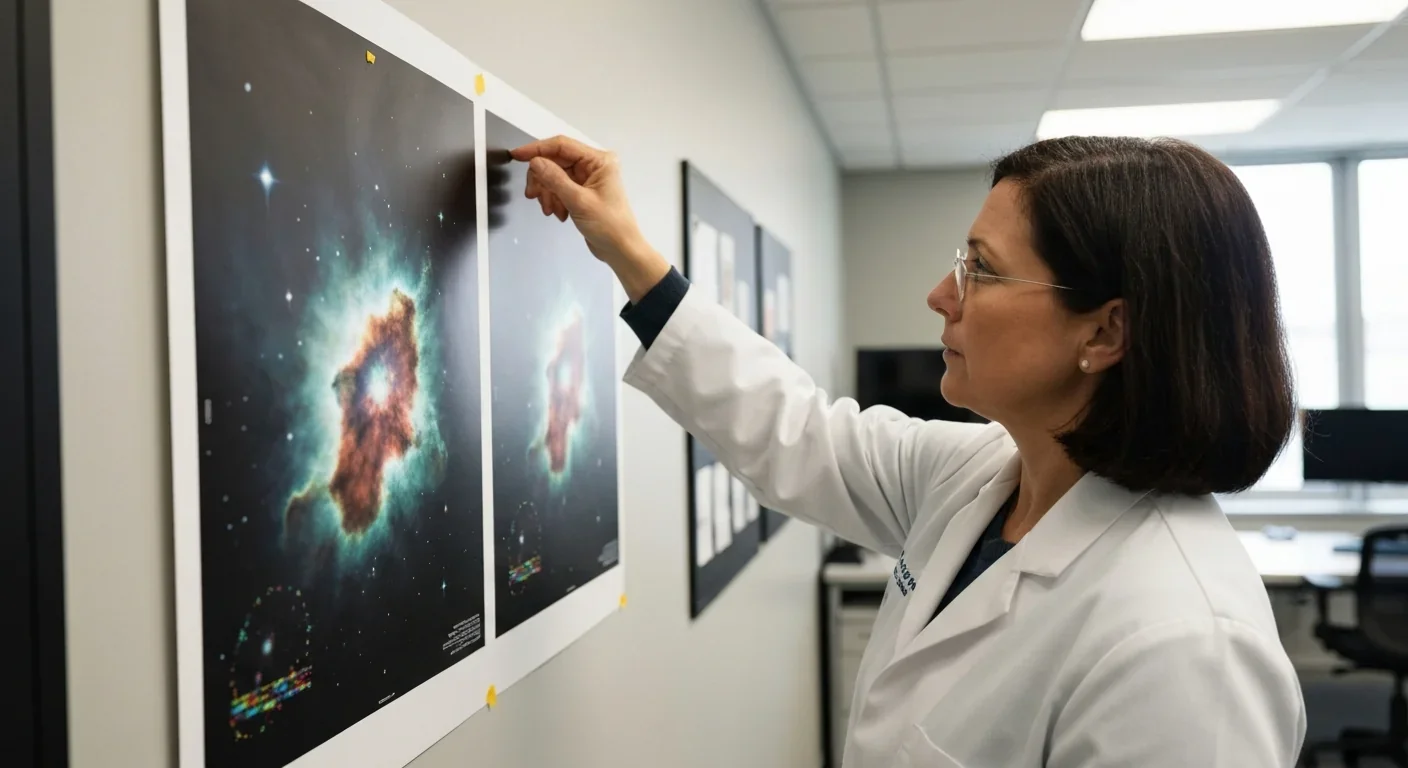 Astronomer examining a false-color nebula image in a research office