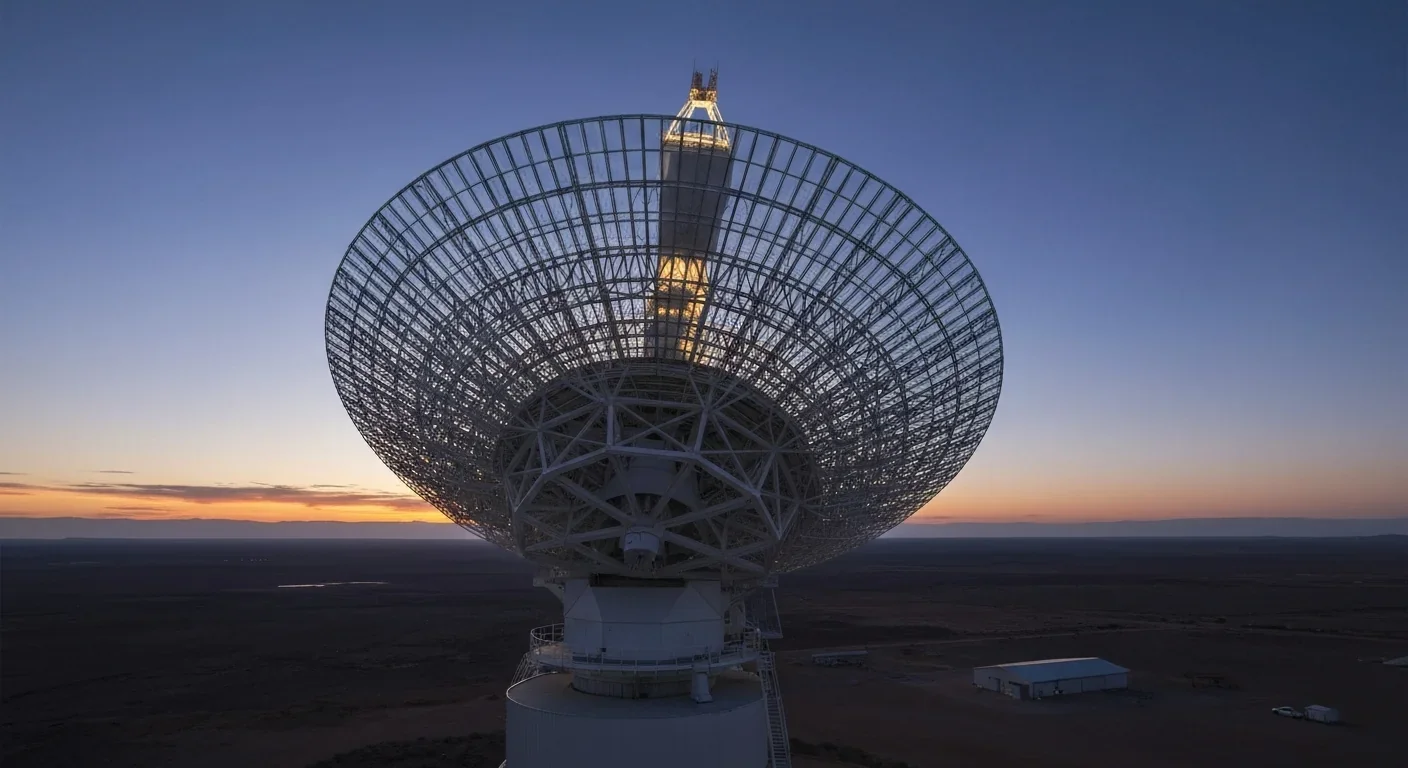 Radio telescope dish pointed skyward at dusk in a desert landscape