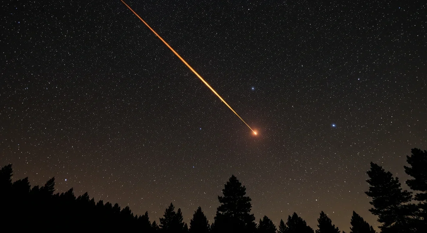Long-exposure photograph of a bright meteor streak against a starry sky above pine trees