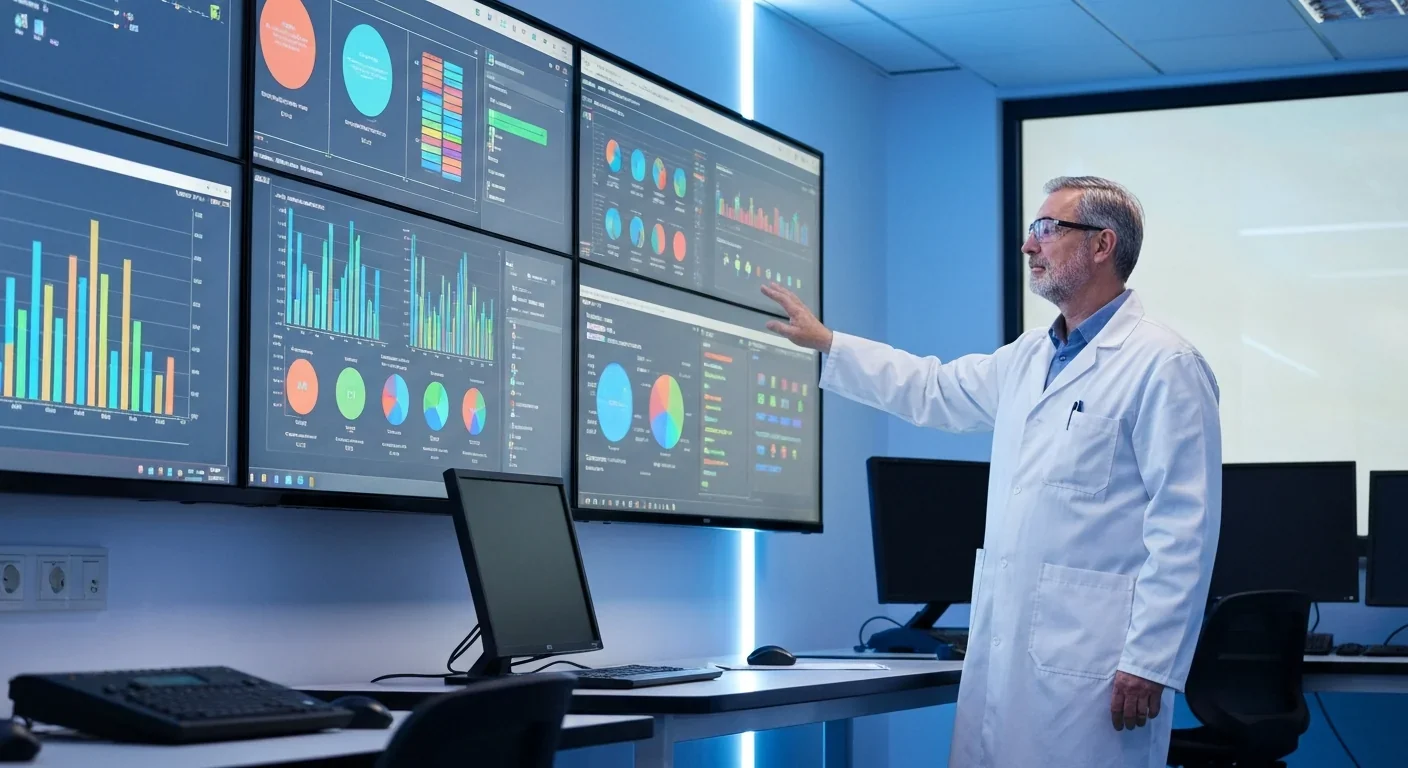 Scientist reviewing colorful data visualizations on a large screen in a modern control room