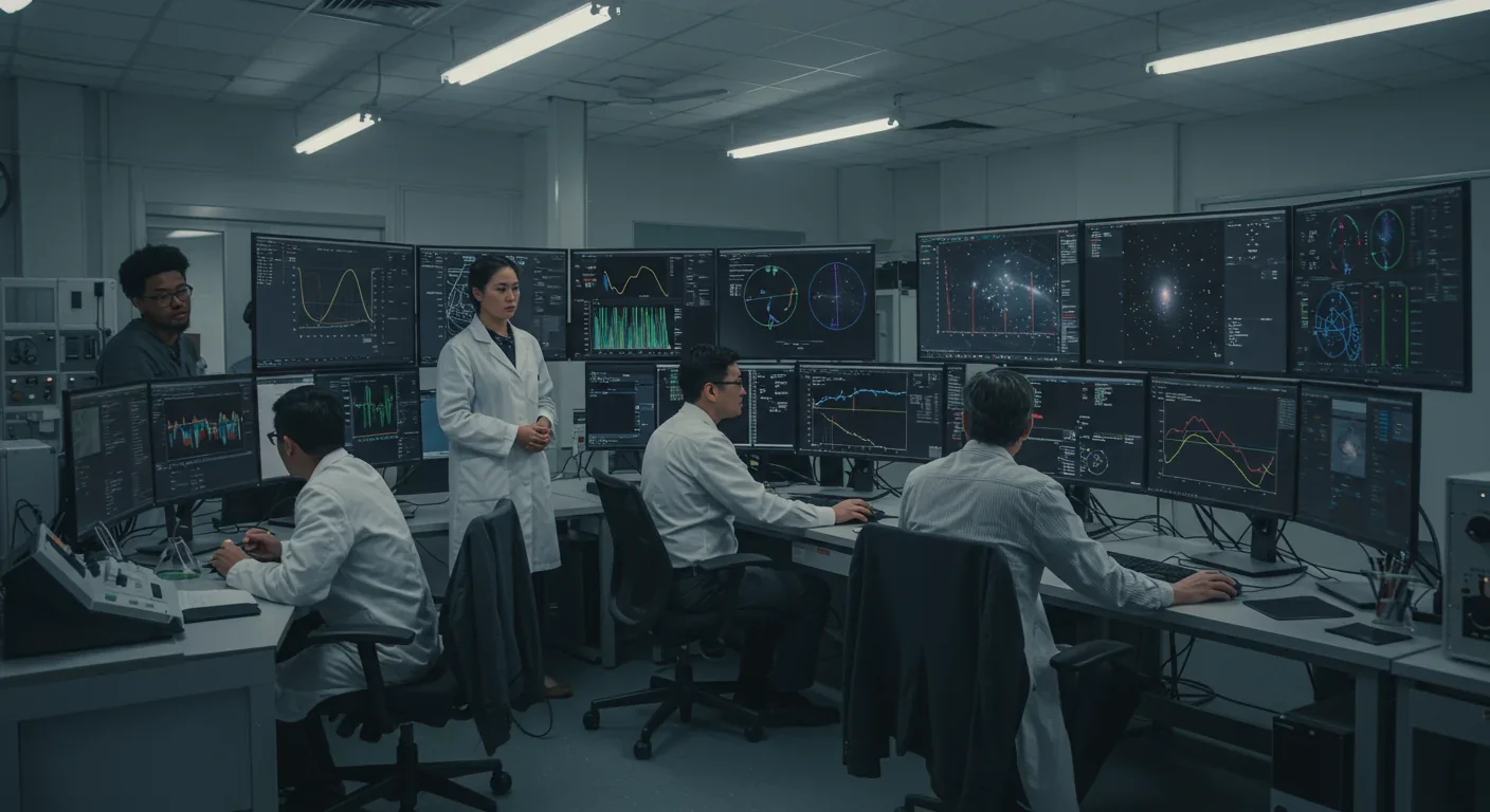 Scientists analyzing galactic rotation data in cosmology research lab