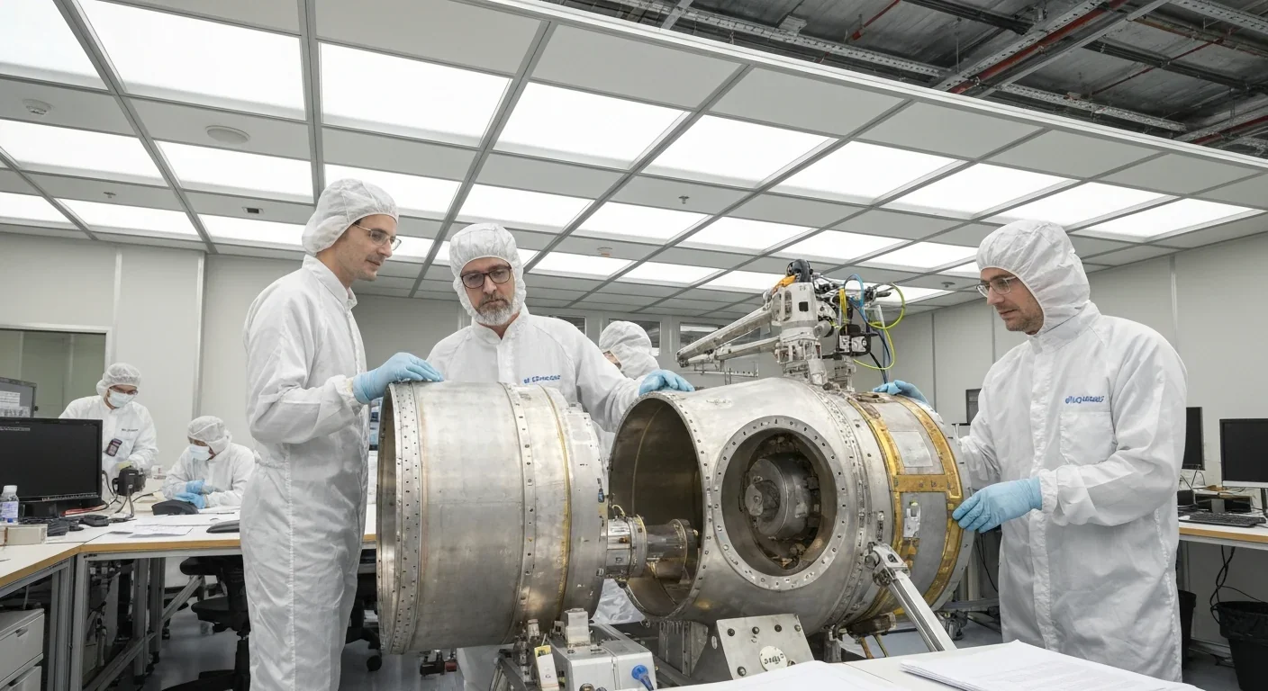 Engineers working on Dragonfly spacecraft components in clean facility