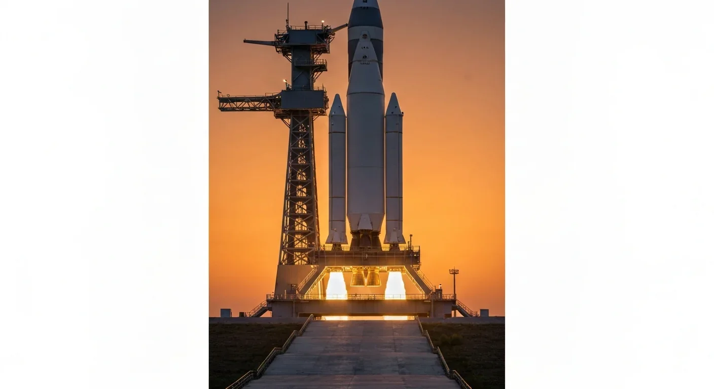 Falcon Heavy rocket preparing for launch at sunset