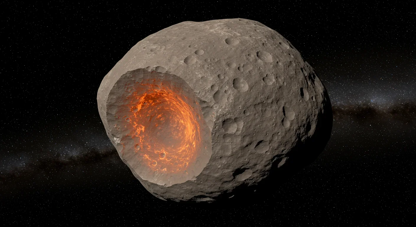 Artist's rendering of asteroid 16 Psyche showing its unique metallic surface composition of iron and nickel with visible craters