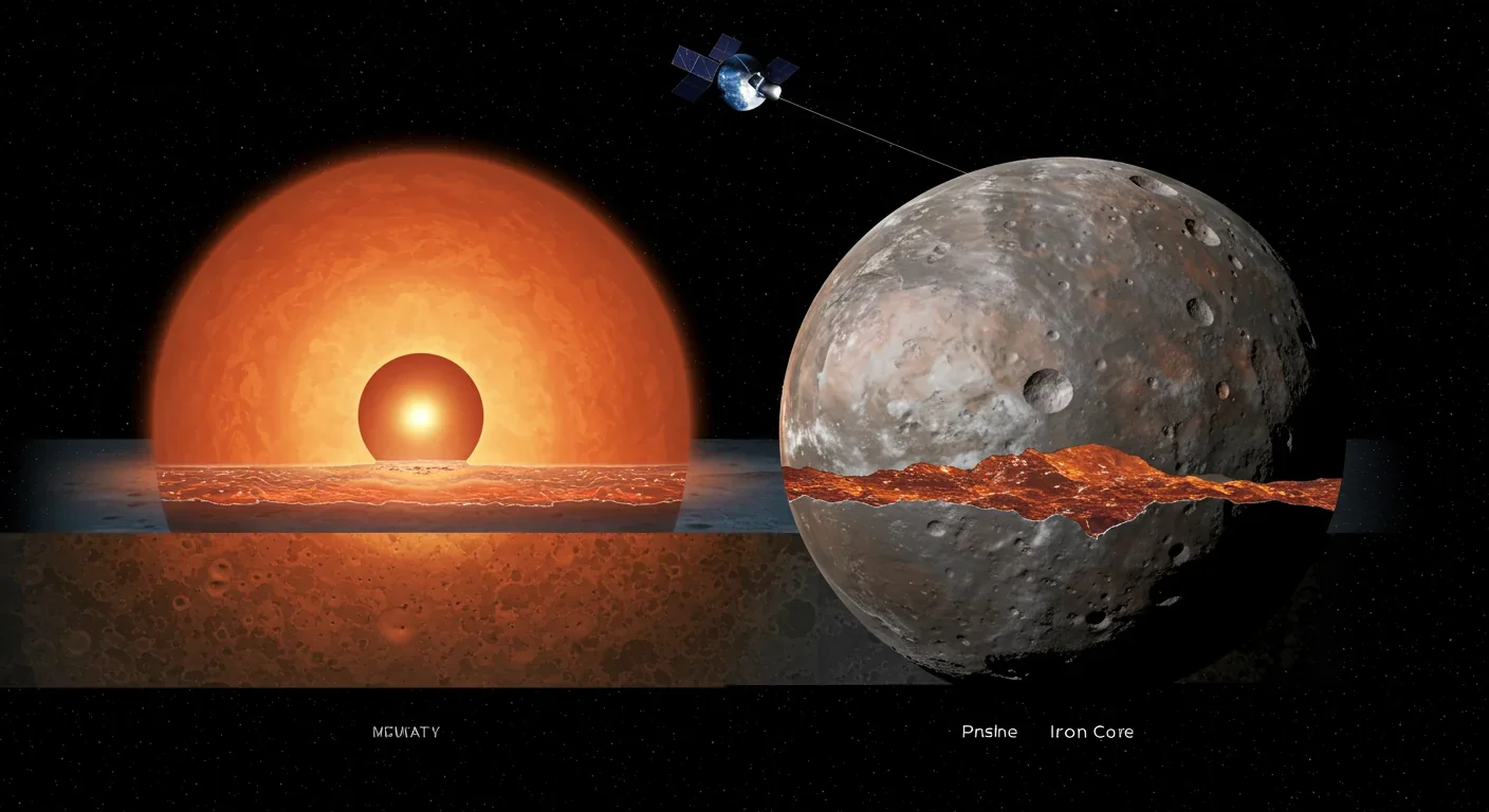 Scientific diagram comparing Earth's inaccessible iron core with asteroid Psyche's exposed metallic surface