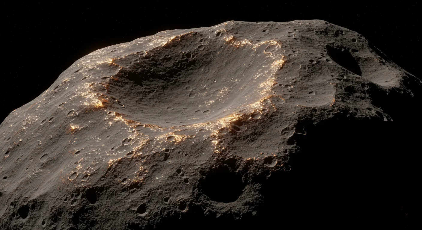 Close-up of asteroid 16 Psyche's metallic surface showing iron-nickel composition and impact craters