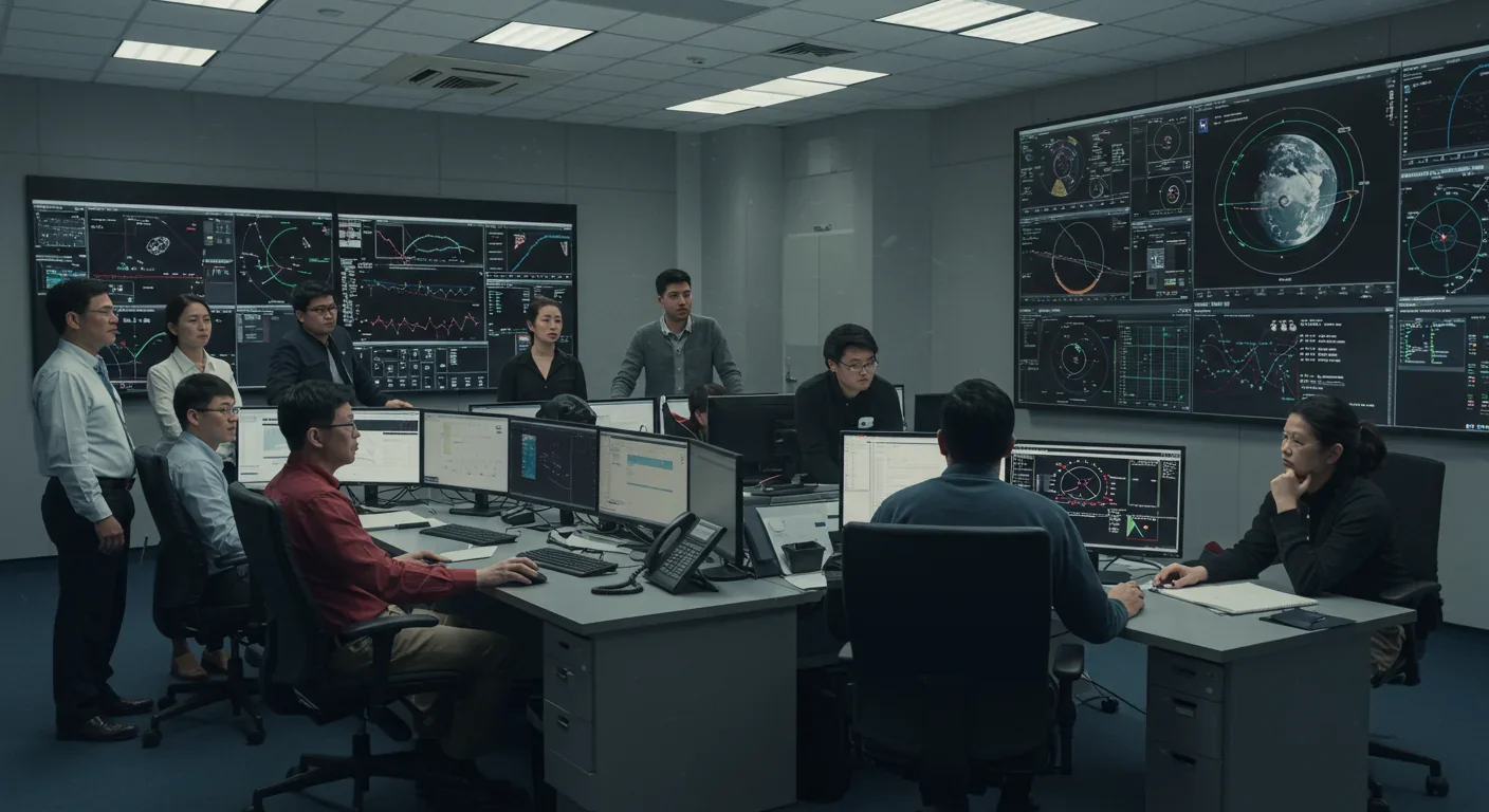 NASA mission control team monitoring Psyche spacecraft telemetry and asteroid data during deep space operations