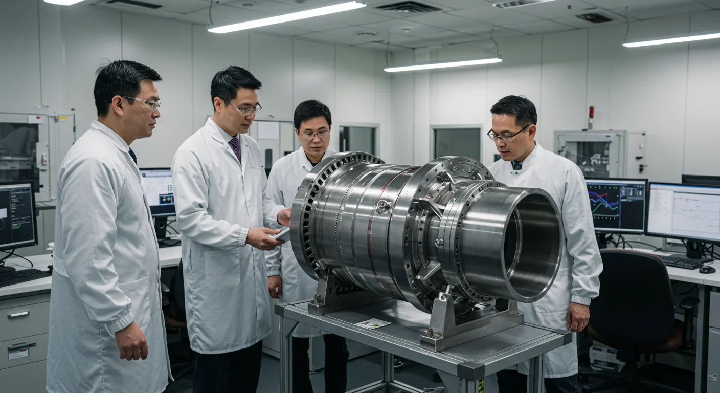 Engineers inspecting a nuclear thermal rocket reactor core at a NASA testing facility