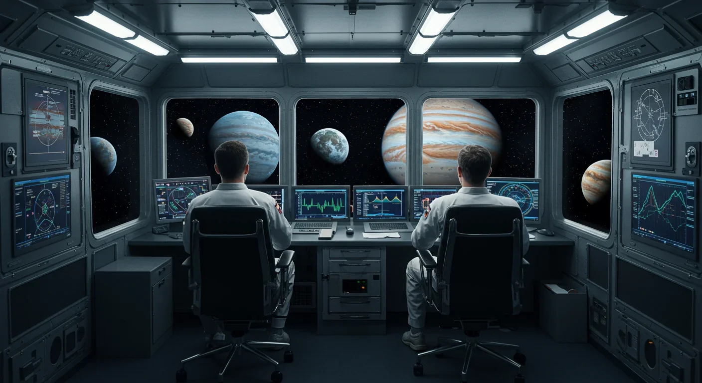 Spacecraft approaching Jupiter and its moons on a nuclear-powered deep space mission