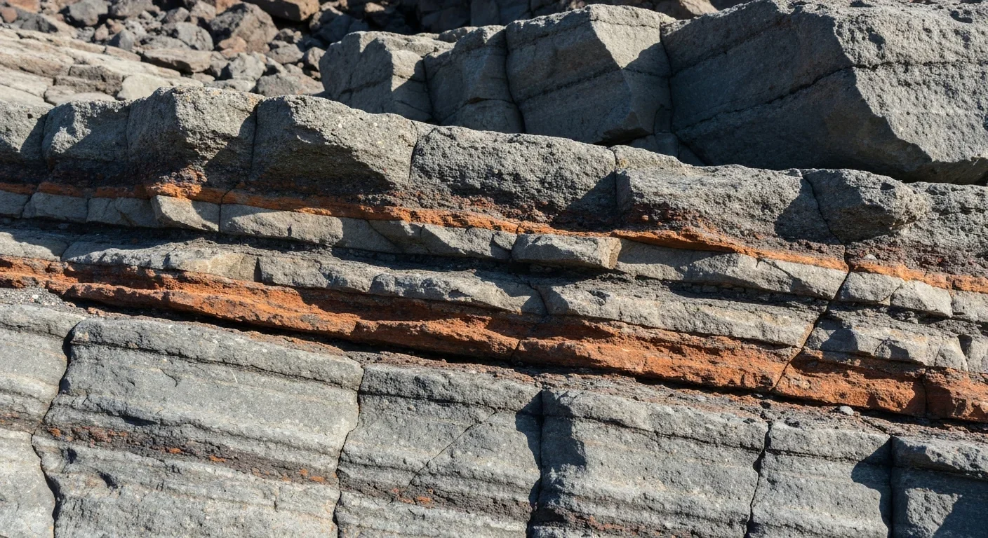 Layered basalt rock formations showing horizontal volcanic strata with visible erosion patterns