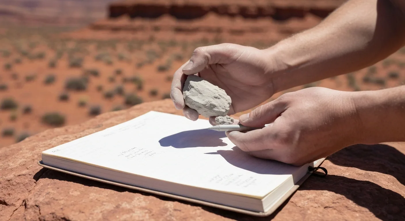 Geologist examining a sample of grey clay sediment in the field with desert terrain in the background