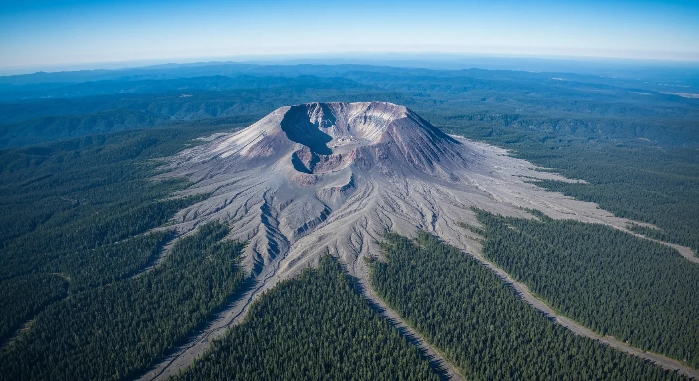 Aerial view of Mount St Helens crater showing the horseshoe-shaped collapse scar and surrounding debris