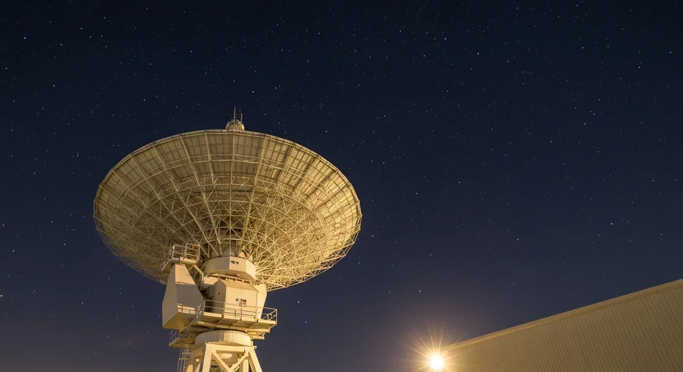 Large satellite dish antenna at a space facility pointing toward the night sky with stars visible