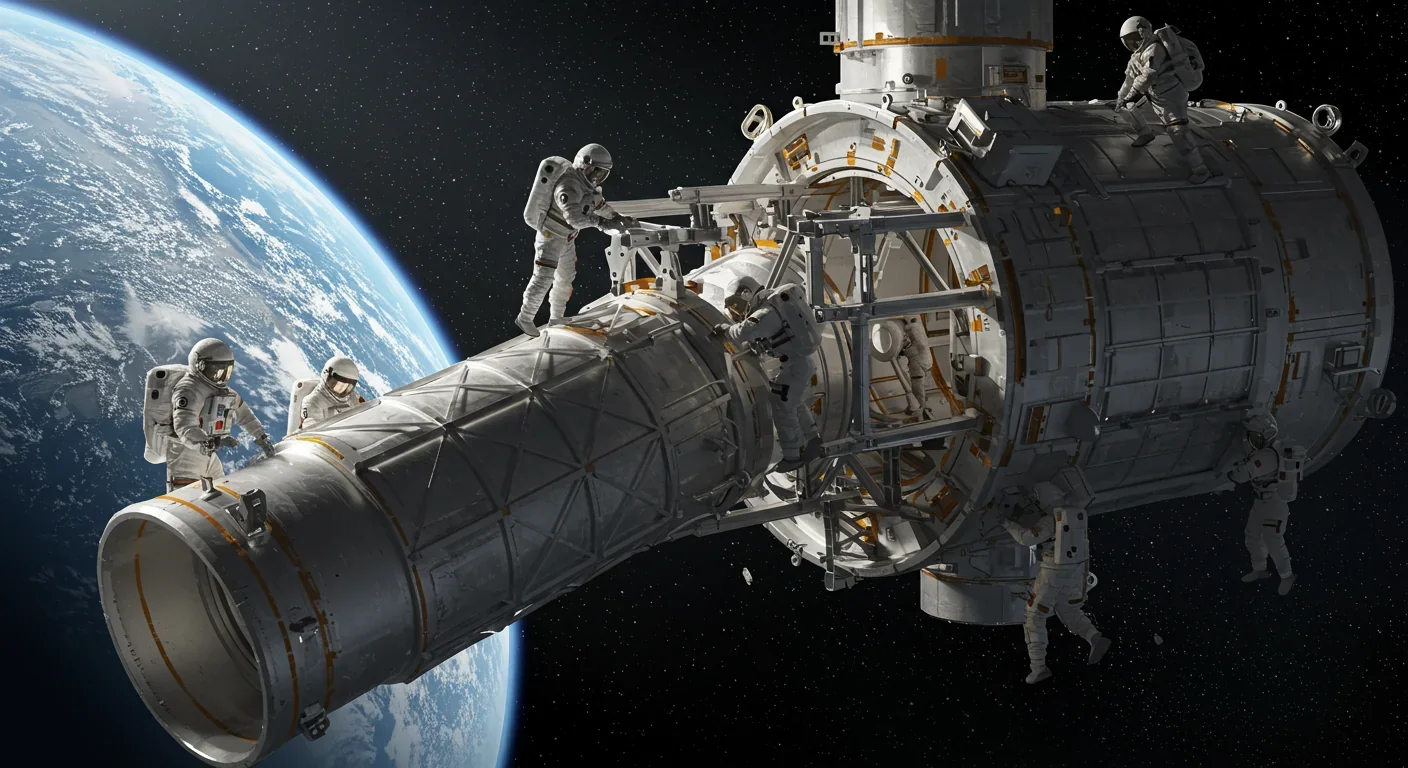 Astronauts assembling structural components of a rotating space habitat in Earth orbit