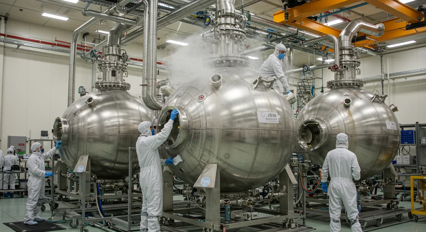 Engineers inspecting cryogenic propellant tanks for orbital refueling depot
