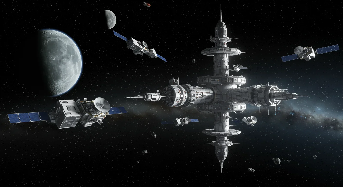 Network of satellites gathering at orbital refueling depot with Moon in background