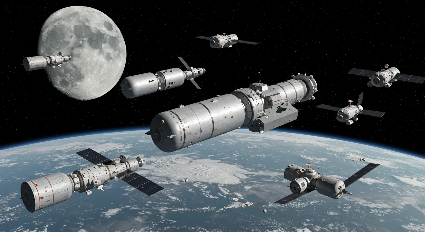 Multiple spacecraft refueling at an orbital depot with Moon in background