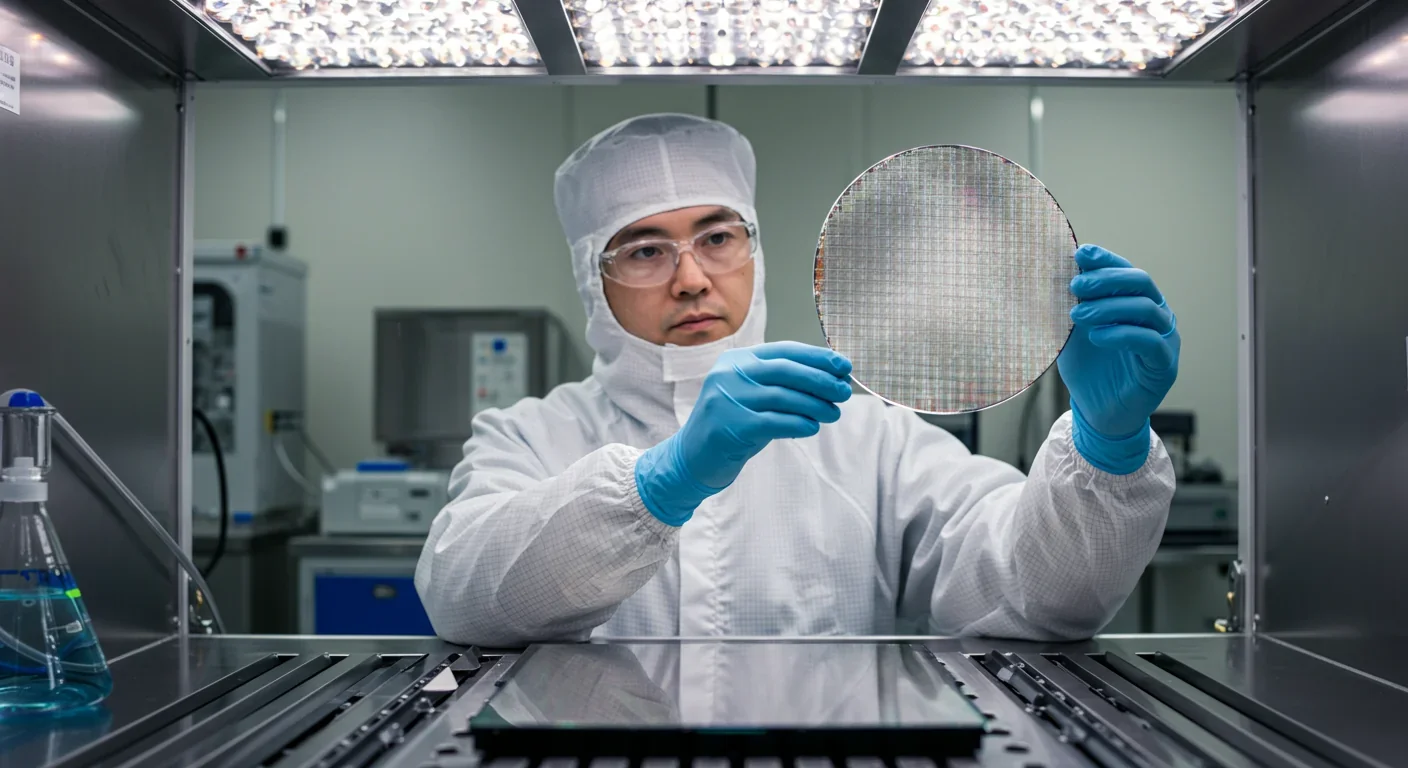 Researcher inspecting a flawless silicon carbide wafer in a semiconductor cleanroom laboratory under bright lighting