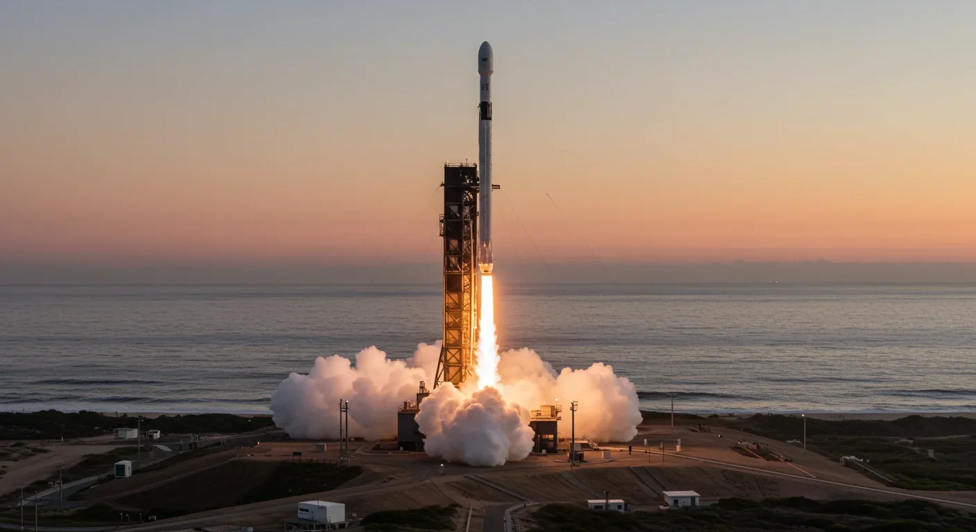 SpaceX Falcon 9 rocket on launch pad at dawn preparing to carry semiconductor manufacturing payload to orbit