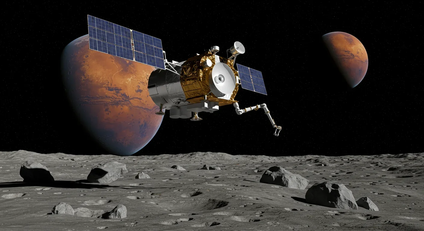 Giant rectangular monolith boulder standing 90 meters tall on Phobos surface casting prominent shadow across cratered terrain