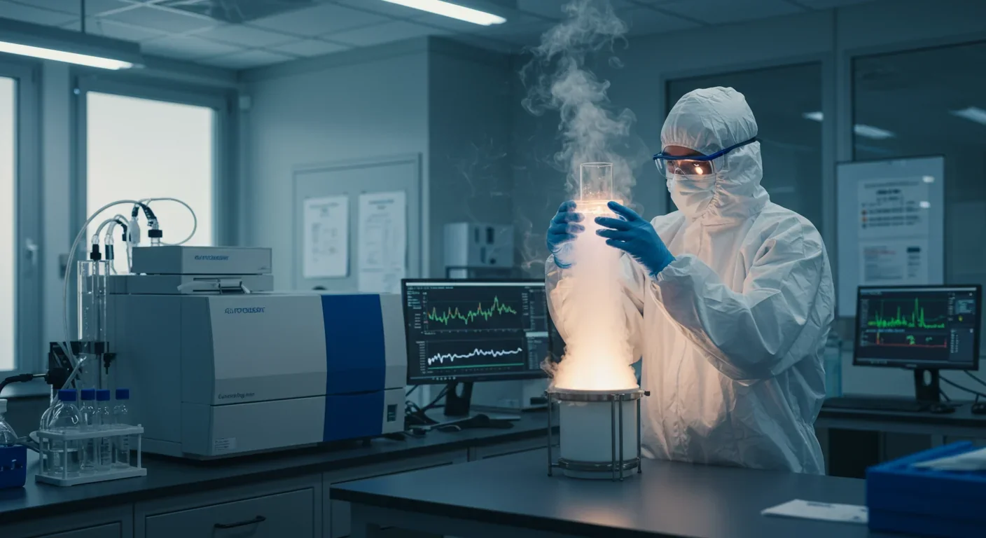 Scientist analyzing atmospheric chemistry samples with spectroscopic equipment in a modern research laboratory