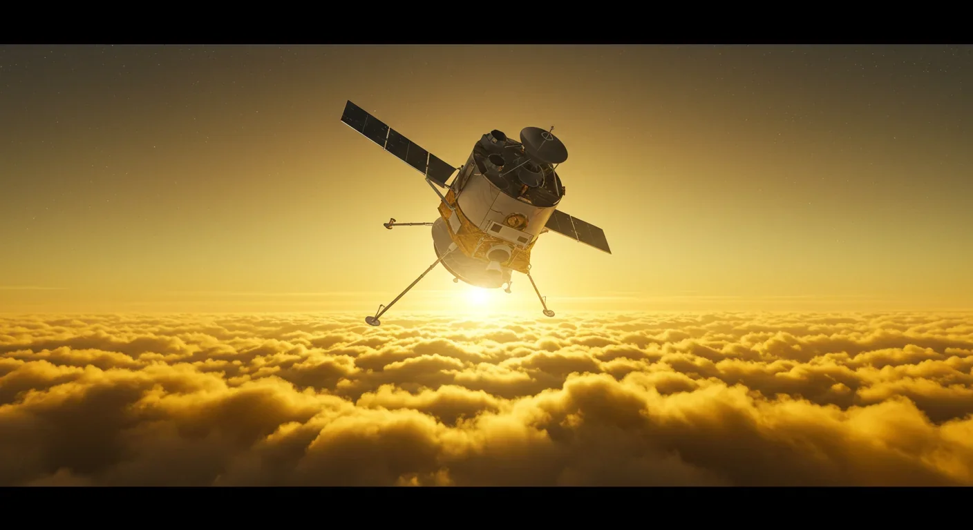 Atmospheric probe descending through Venus's clouds equipped with instruments to measure trace gases like phosphine