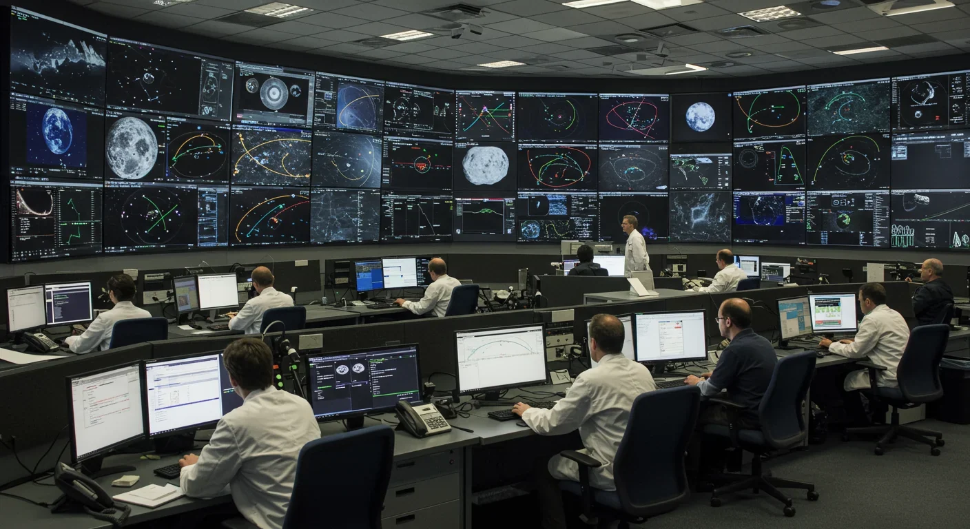 International planetary defense operations center with scientists monitoring asteroid tracking data