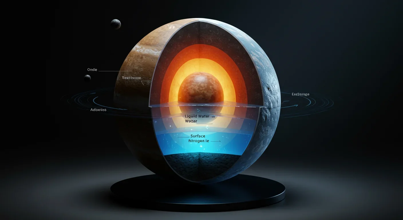 Cross-section view showing Pluto's hypothesized internal structure with rocky core and subsurface ocean