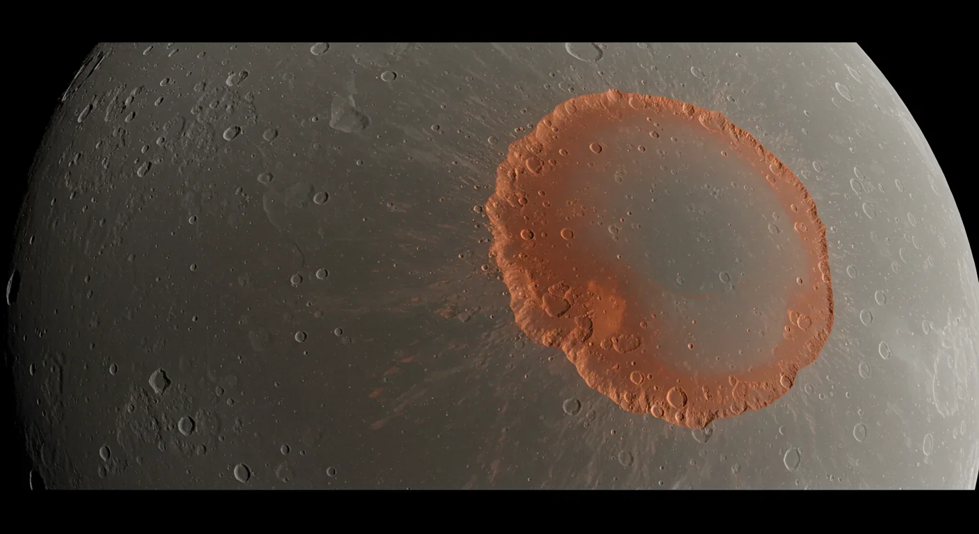 Charon's reddish-brown polar cap Mordor Macula contrasting with gray cratered surface