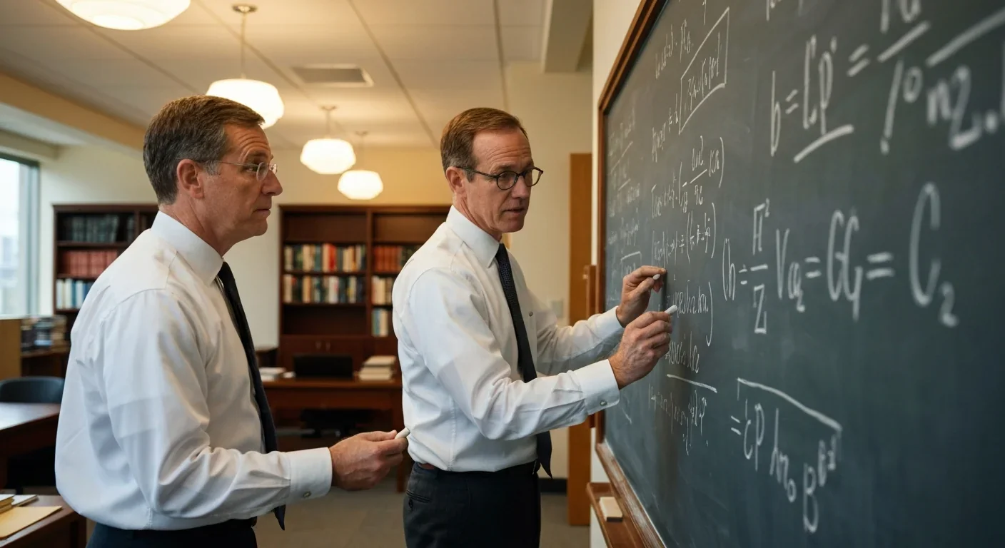 Two physicists in 1960s attire working at a chalkboard covered with equations in an academic office