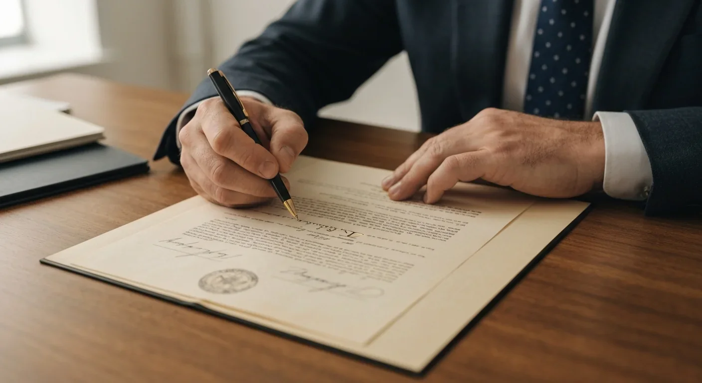 Close-up of hands holding a pen over a vintage treaty document with signatures on a wooden desk