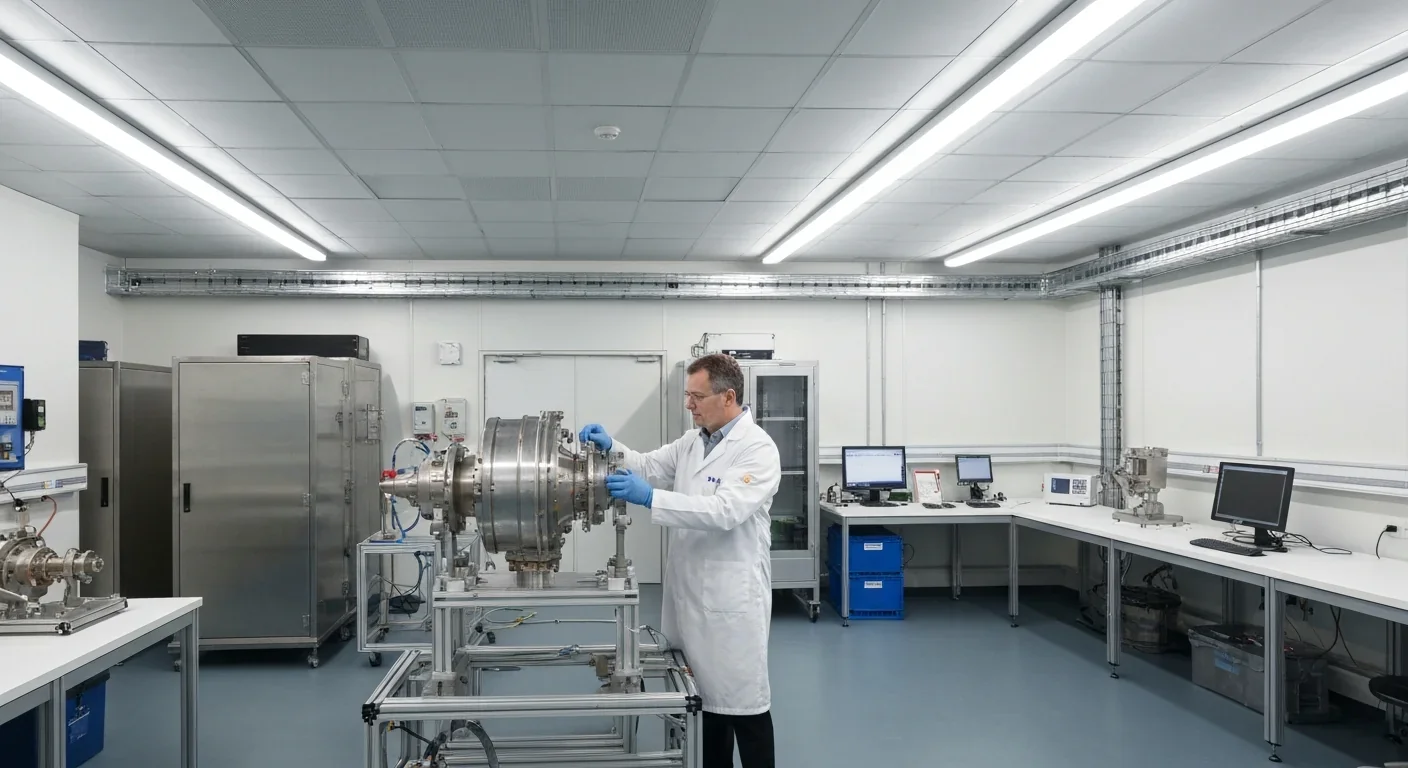 Engineer in white lab coat examining a metallic thruster component in a modern propulsion laboratory