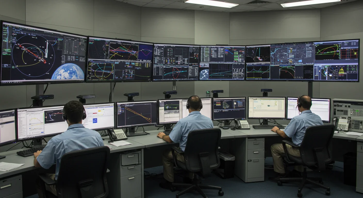 Engineers monitoring spacecraft trajectories at mission control center