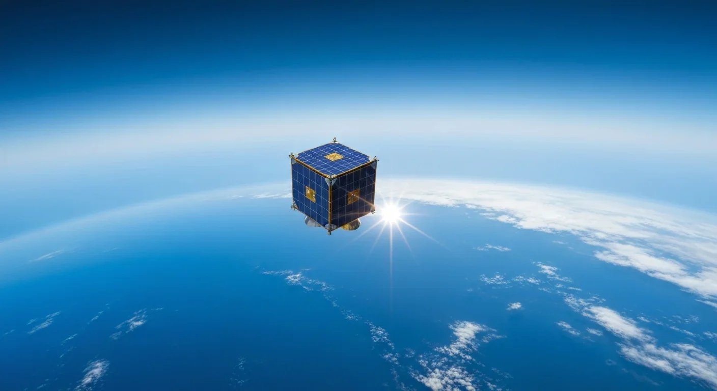 A small CubeSat satellite orbiting Earth with solar panels deployed and sunlight reflecting off its surface