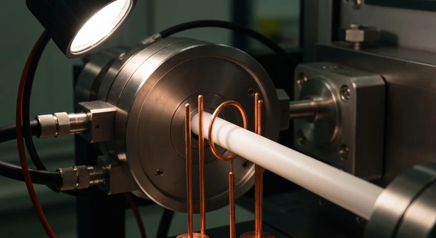 Close-up of copper electrodes and a white Teflon propellant bar inside a laboratory pulsed plasma thruster assembly