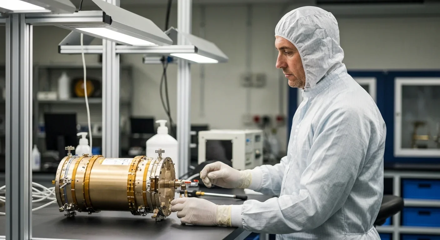 An engineer in a cleanroom suit carefully inspects a satellite thruster component on a workbench