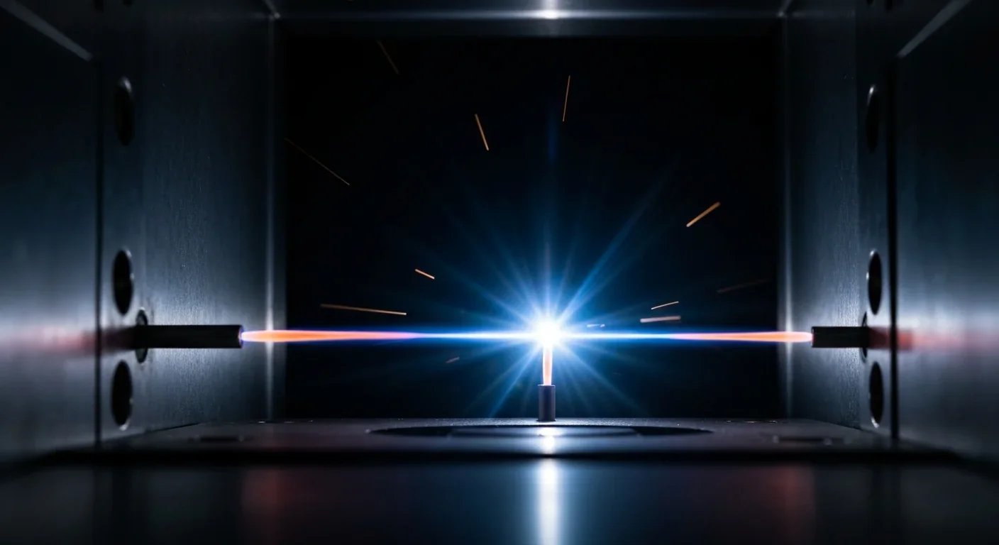 A bright blue-white plasma discharge between electrodes during a pulsed plasma thruster test firing in a vacuum chamber