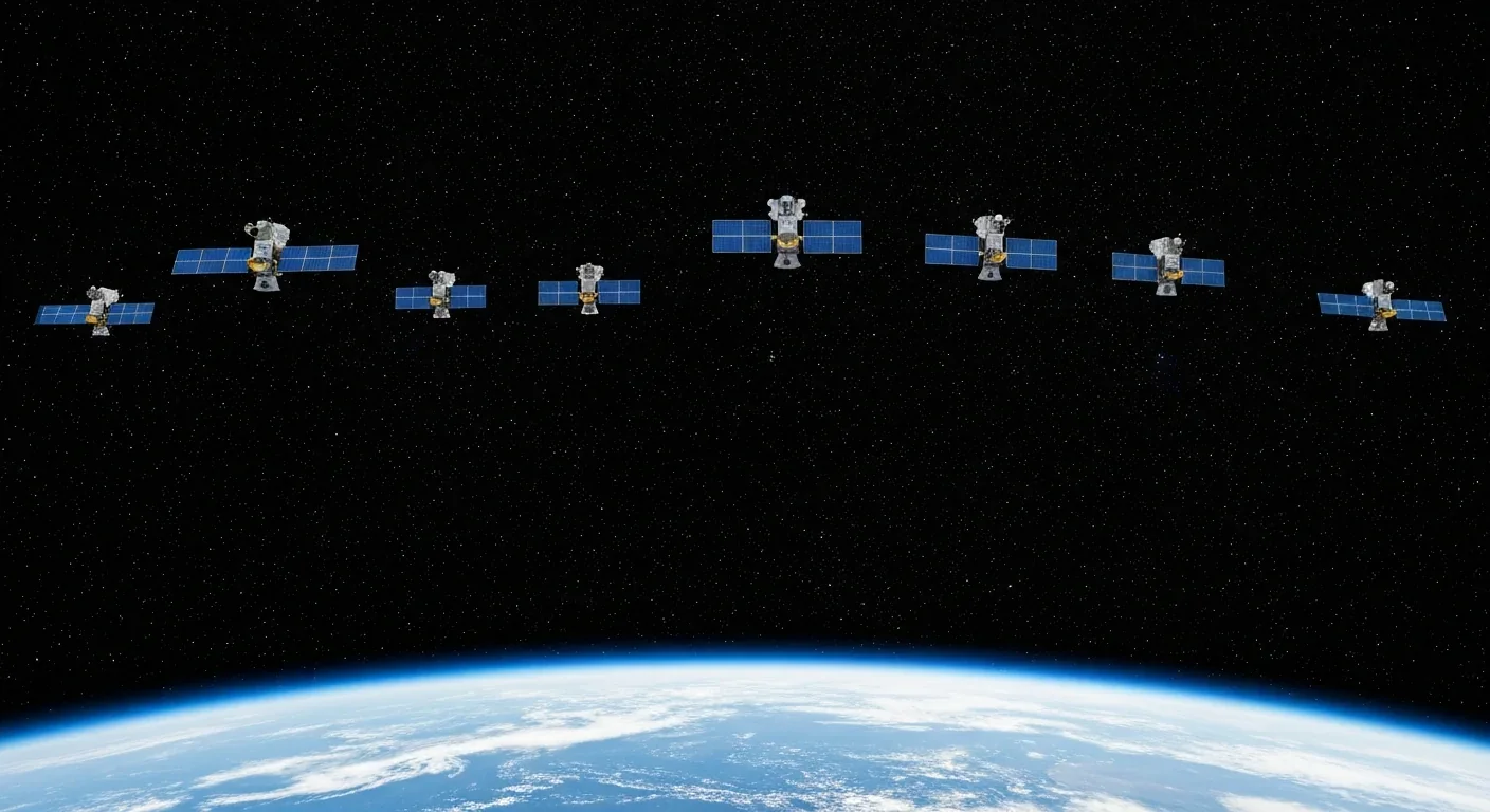 Multiple small satellites flying in precise formation above Earth with a starfield background
