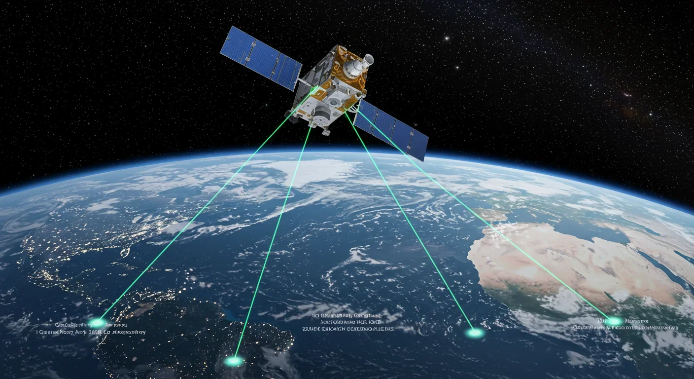 Quantum satellite in orbit transmitting secure laser signals to Earth ground stations