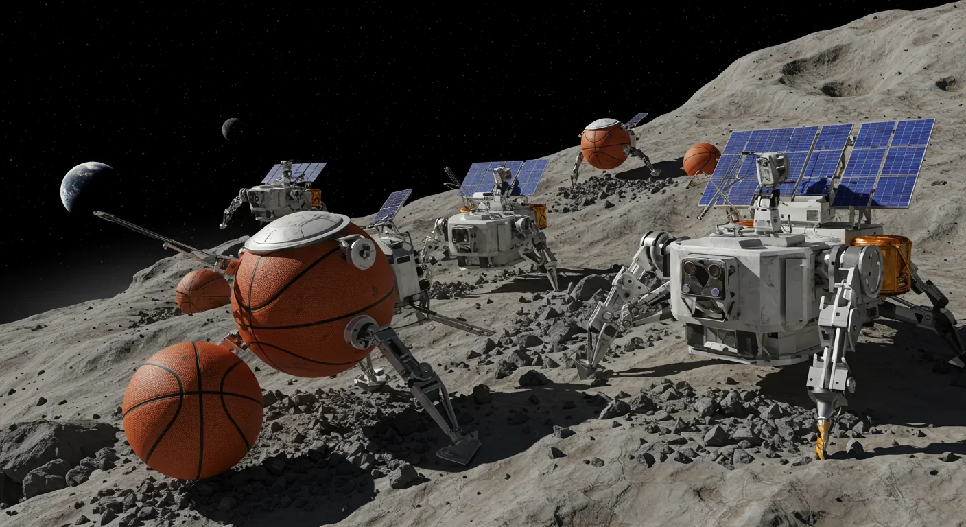 Mining robot extracting resources from metallic asteroid surface while coordinating with swarm members