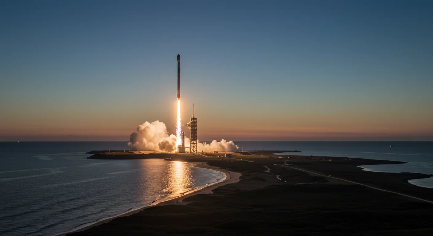 SpaceX Falcon 9 rocket launching at dusk with visible first-stage booster and bright exhaust plume