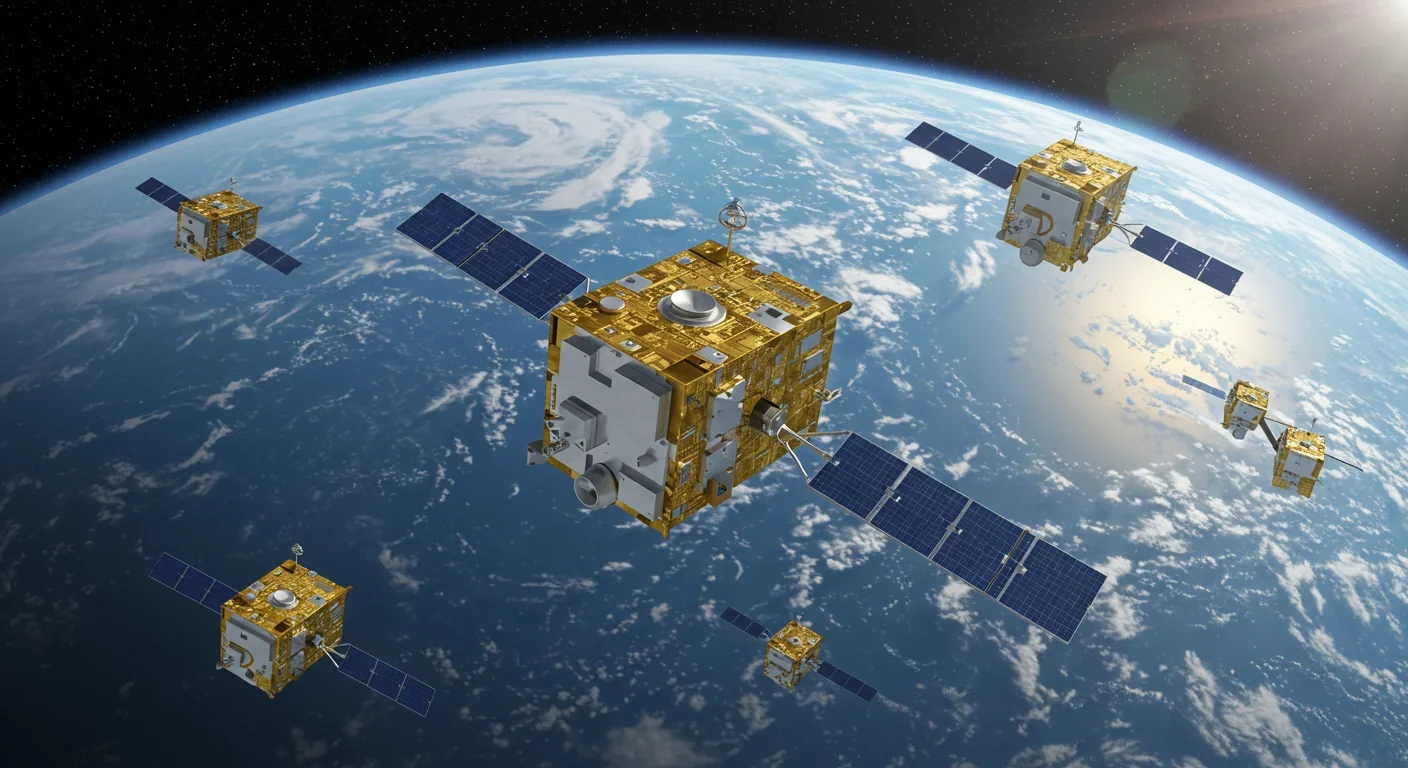 Small satellites with solar panels orbiting Earth in low Earth orbit with planet surface visible below