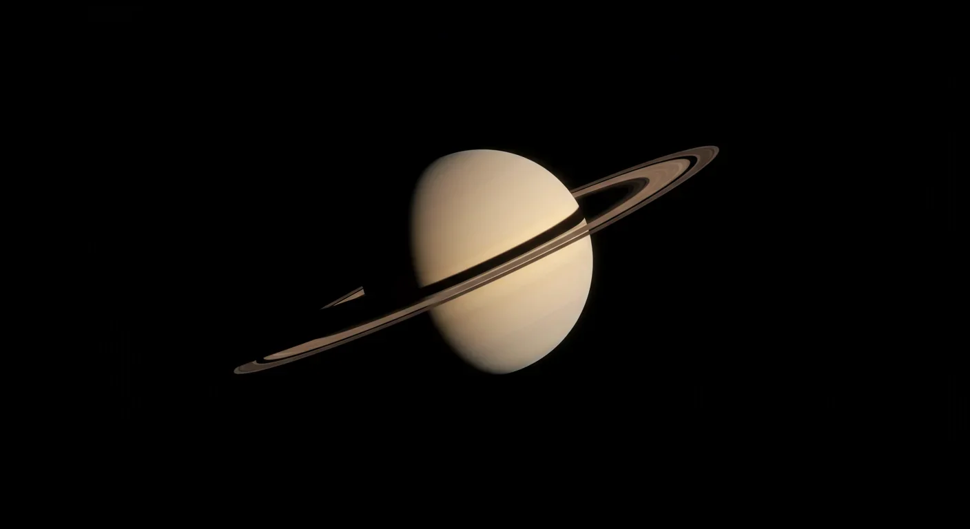 Saturn with its rings appearing edge-on, nearly invisible from Earth's perspective