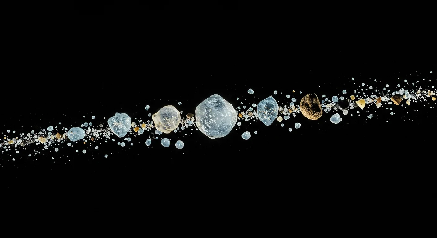 Diverse ice particles and rocks representing the range of sizes in Saturn's ring system from dust to boulders